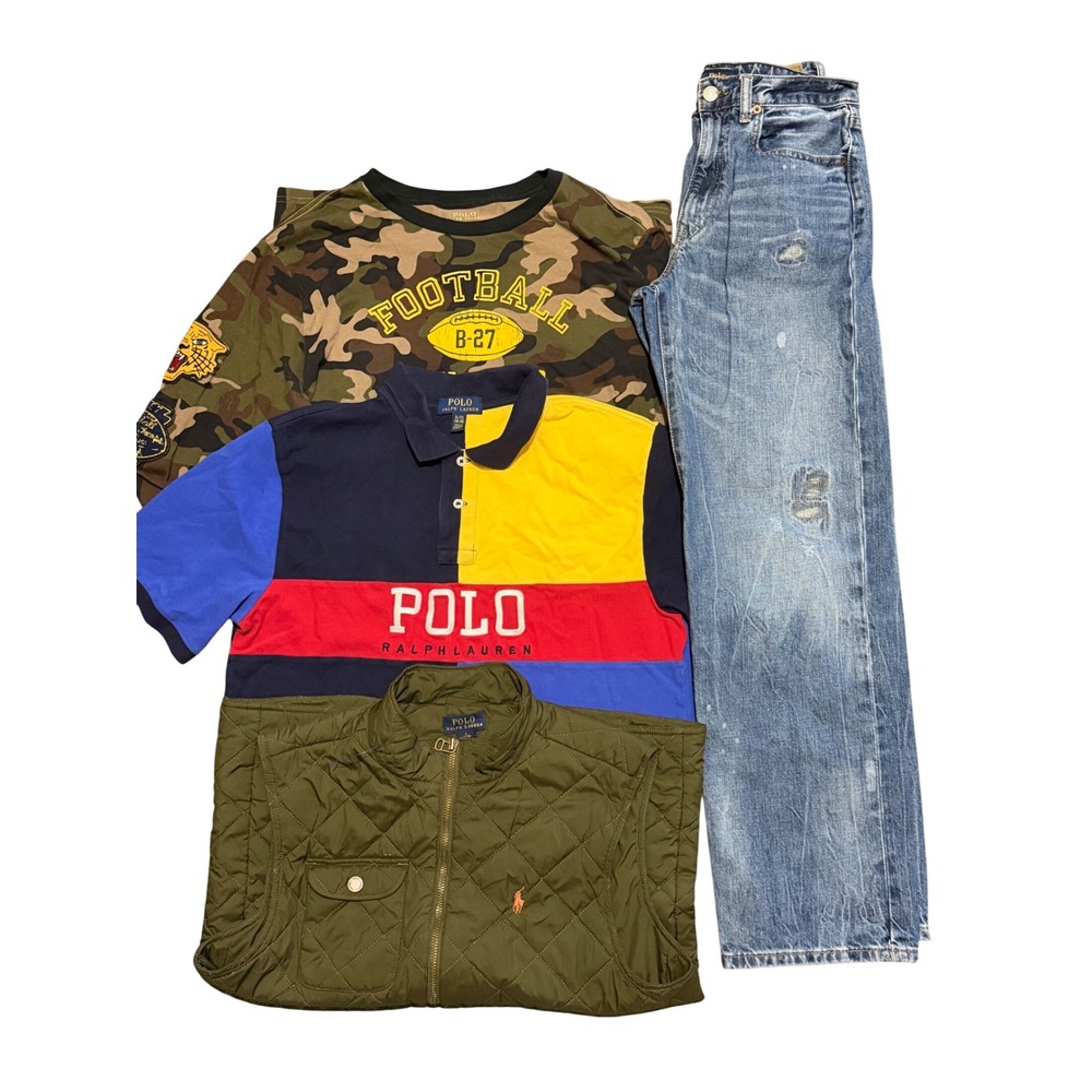 Polo Ralph Lauren Boys 4pc Lot Camo Tee Quilted Vest Colorblock Polo Jeans 16-20